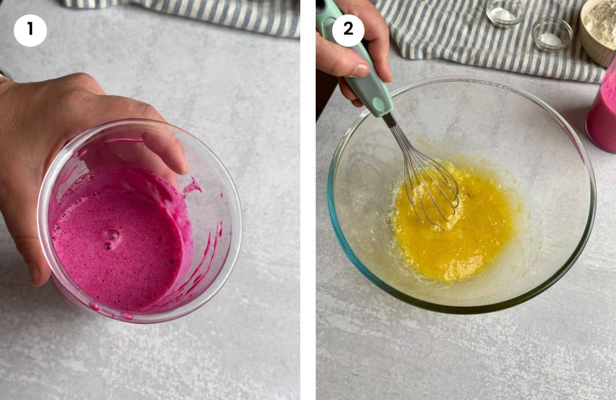 Step1: Blended beets and milk. Step2: Mixing eggs with butter and vanilla.