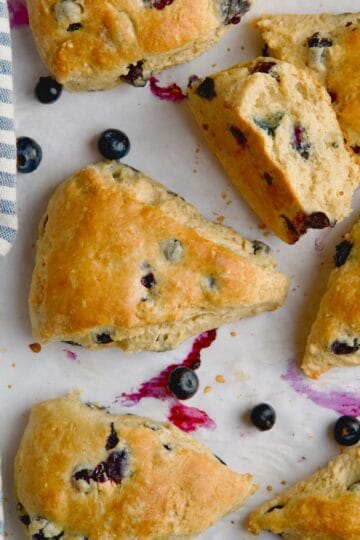 Blueberry scones on parchment paper with blueberries between them.