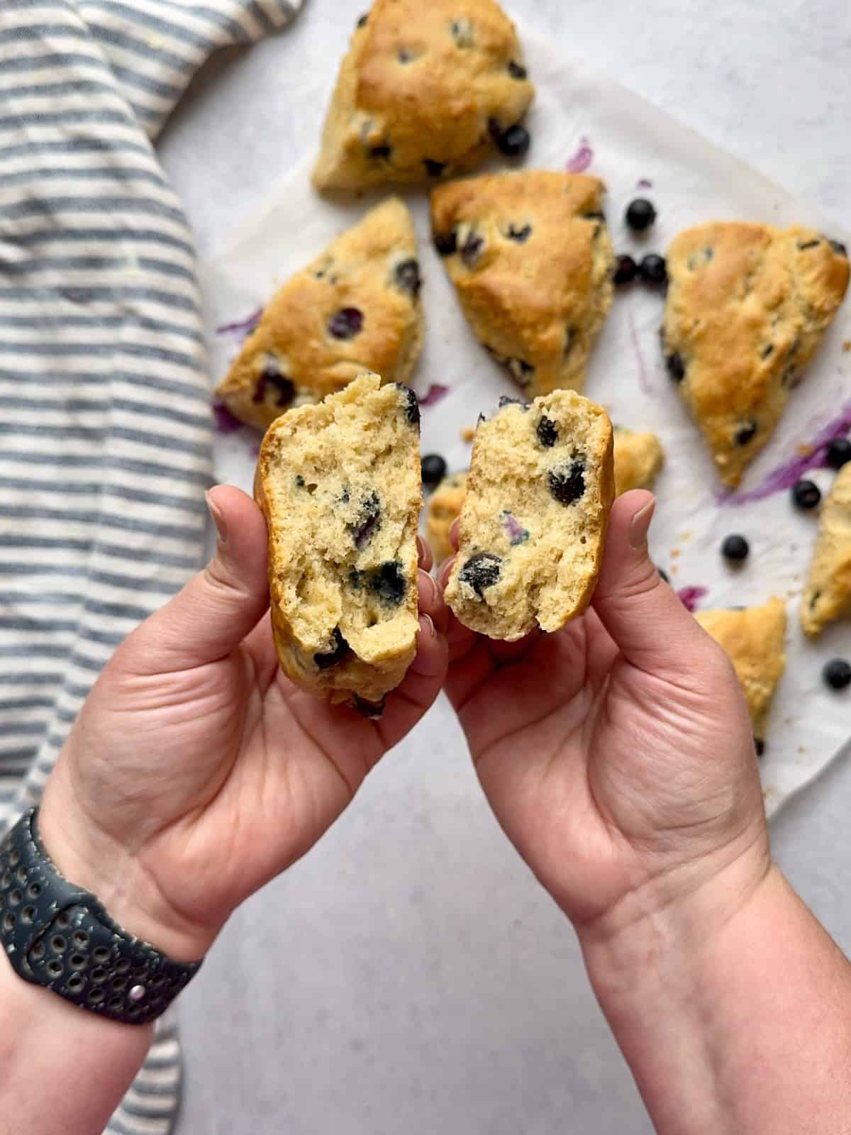 Hands holding halved blueberry scone.