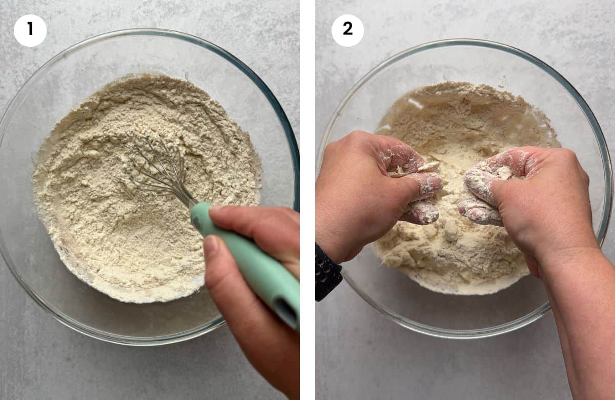 Step1: Mixing dry ingredients. Step2: Rubbing cold butter with flour.