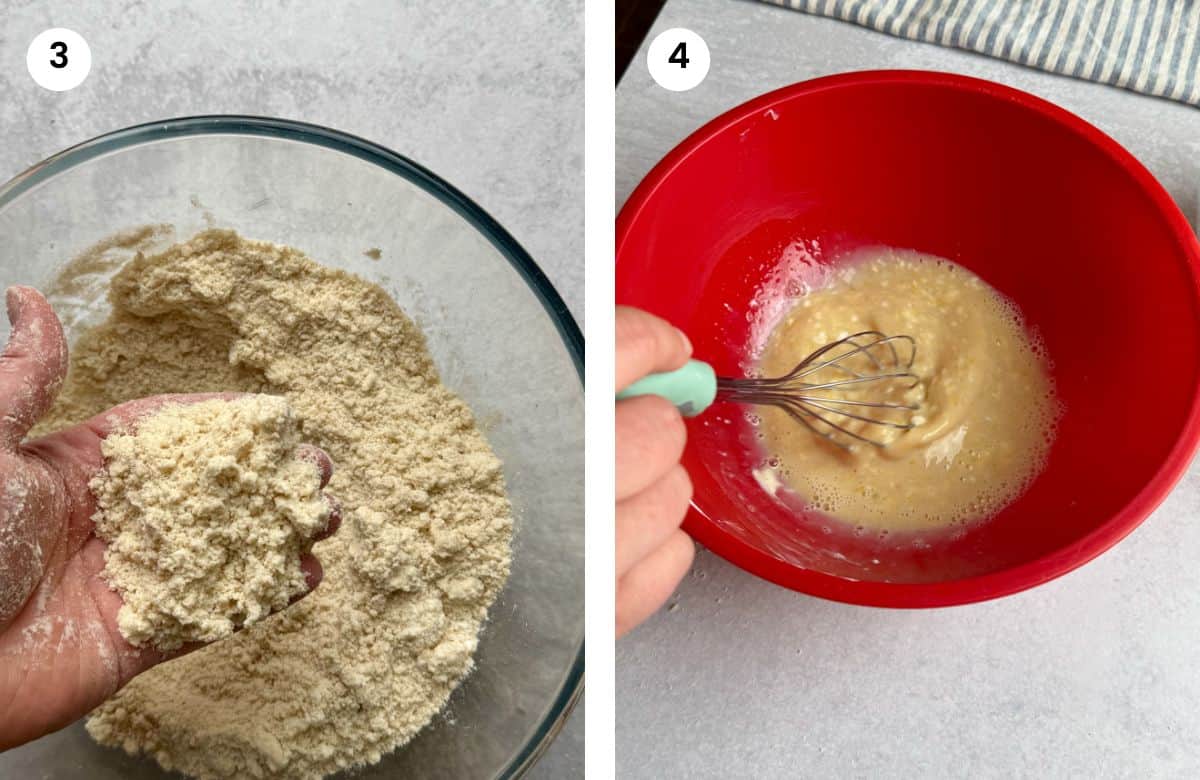 Step3: Coarse texture like sand. Step4: Mixing wet ingredients.