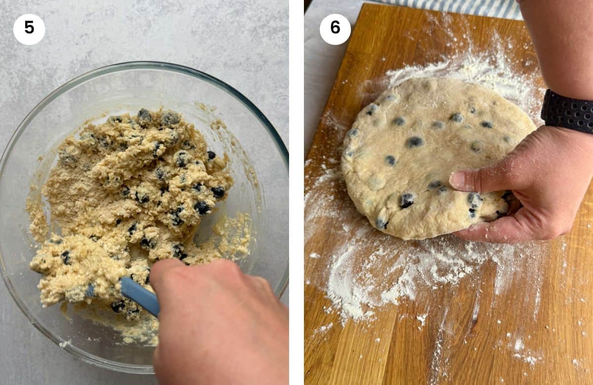 Step5: Mixing dough with a spatula. Step6: Showing though thickness on wooden board.