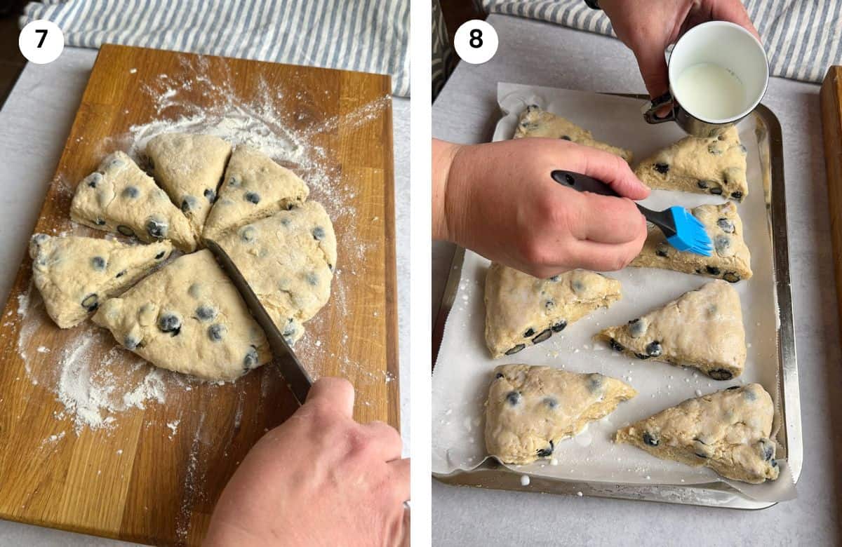 Step7: Cutting dough into triangles. Step8: Brushing scones with milk.