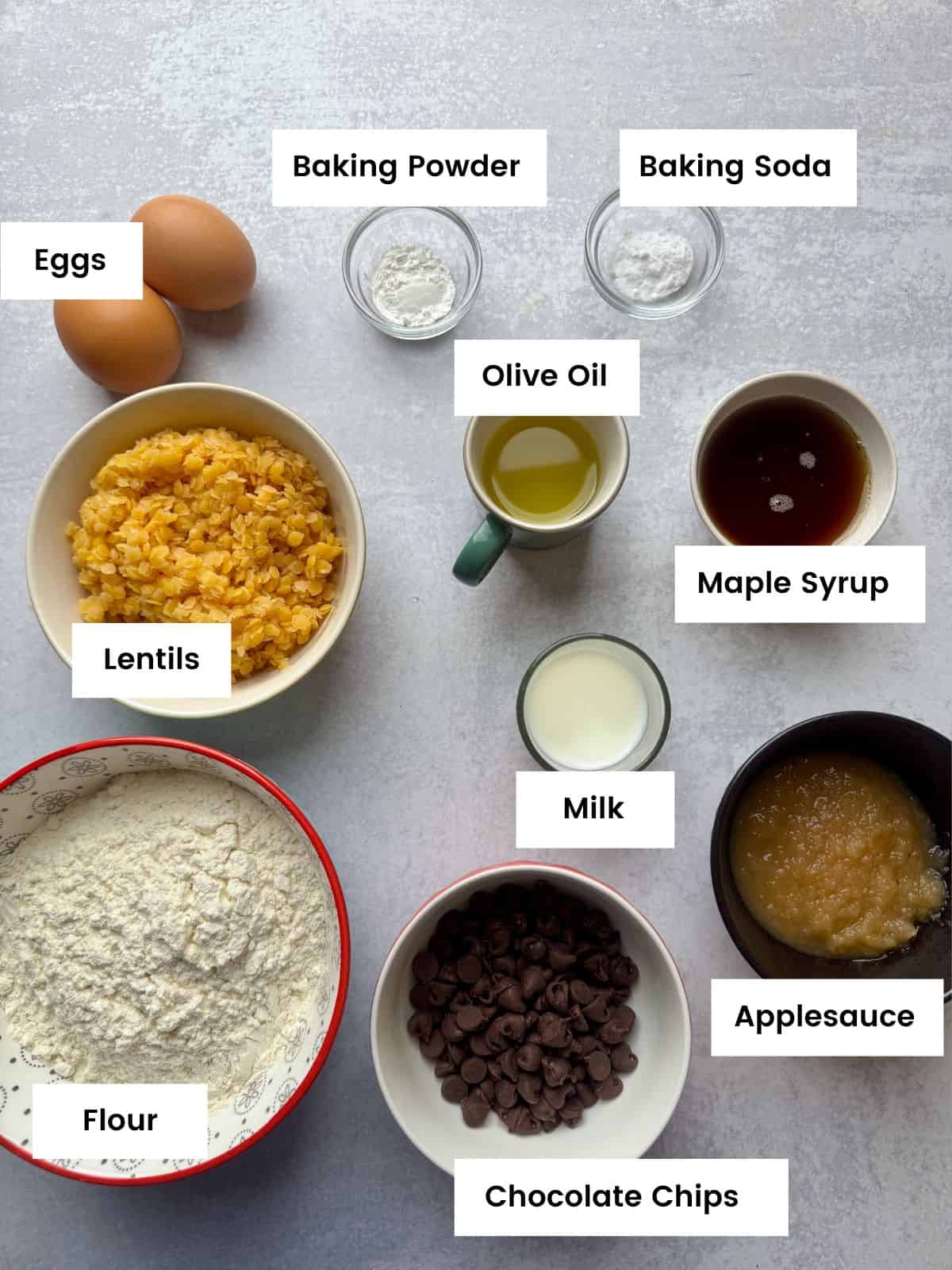 Ingredients for lentil muffins with chocolate chips.