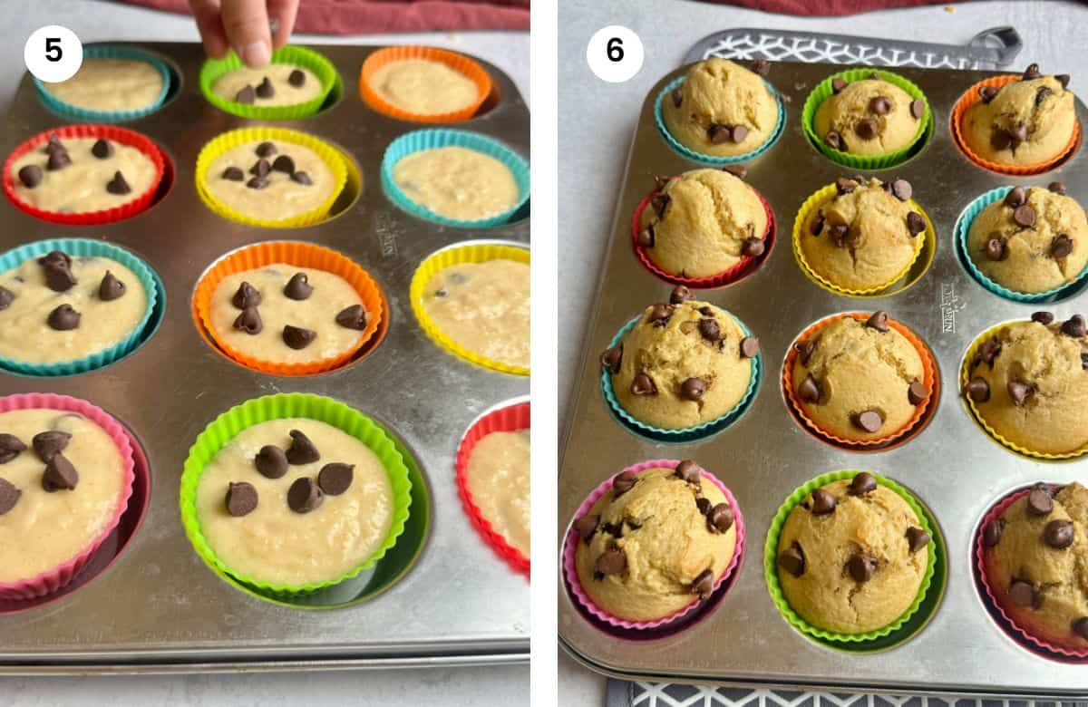 Step5: Adding chocolate chips on top of muffins. Step6: Lentil Muffins when they come out of the oven.