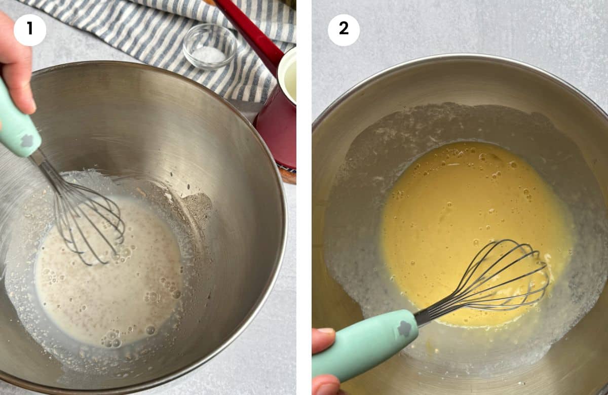 Step1: Mixing the yeast to activate. Step2: Added eggs to the yeast mixture.