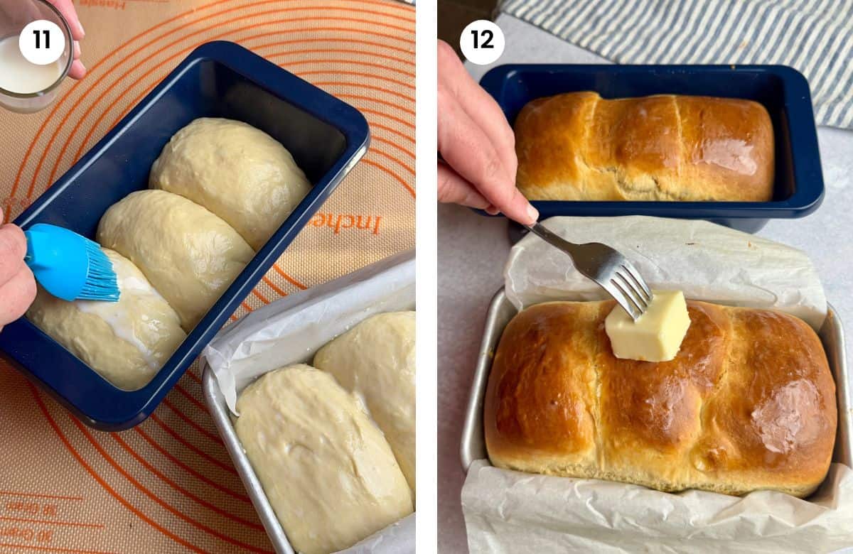 Step11: Brushing the top with milk. Step12: Brushing baked milk bread with butter to shine.