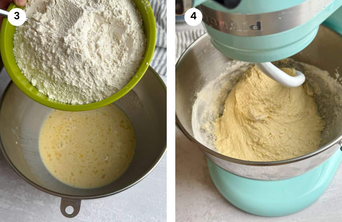 Step3: Adding the flour. Step4: Mixing with the hook of a stand mixer.