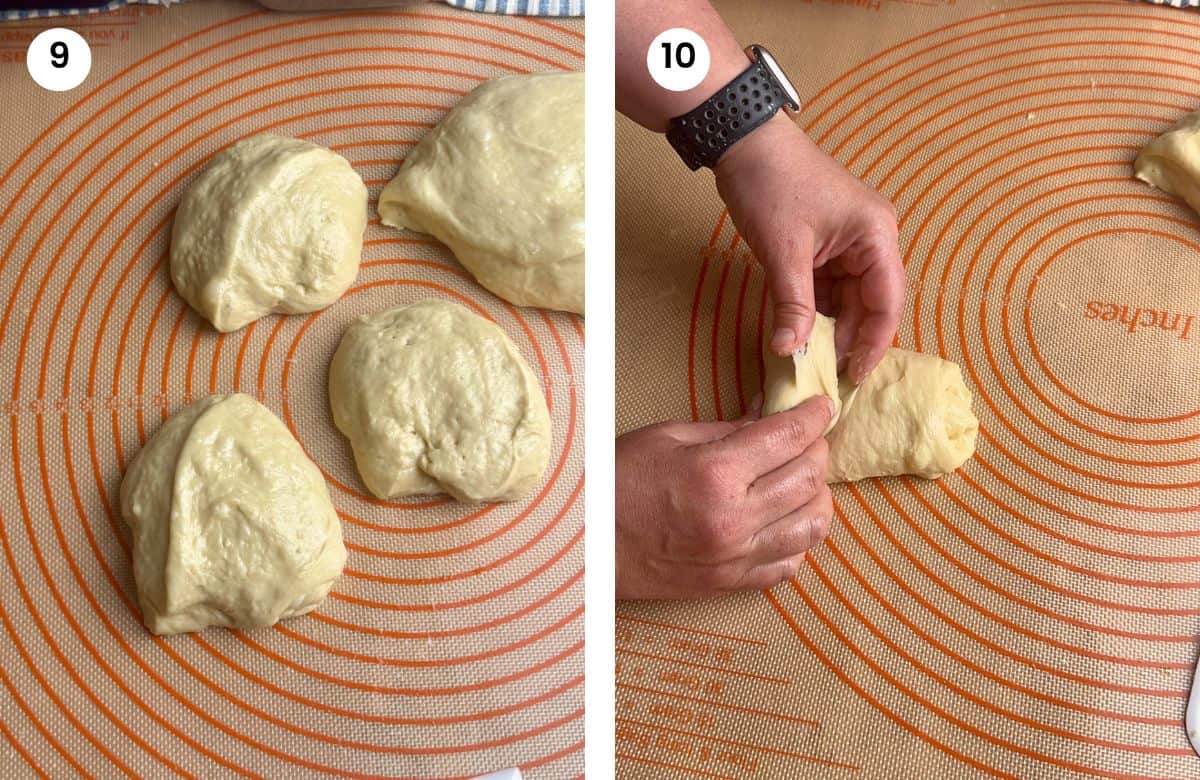 Step9: Splitting the dough into smaller bits. Step10: Folding the dough.