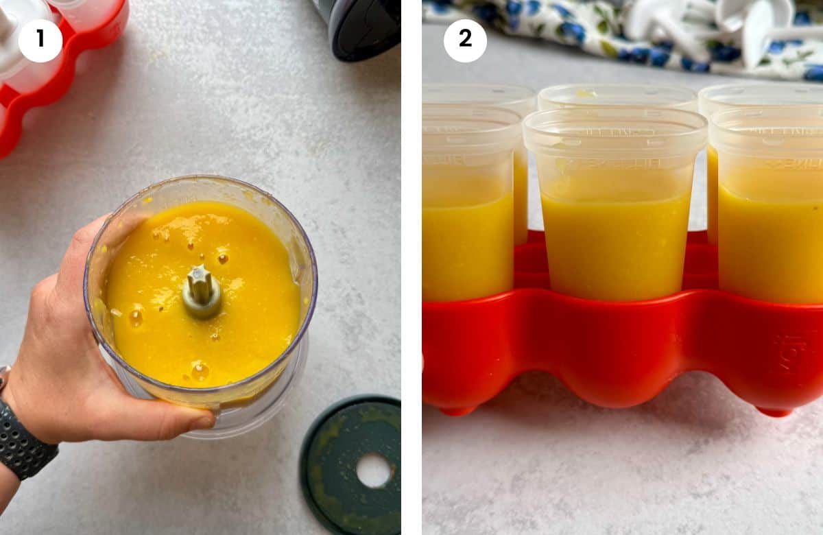 Step1: Blended mango and orange. Step2: Mixture added to popsicle molds.