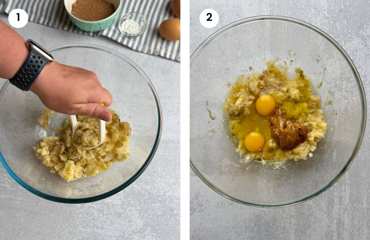 Step1: Mashing bananas. Step2: Added eggs and almond butter.