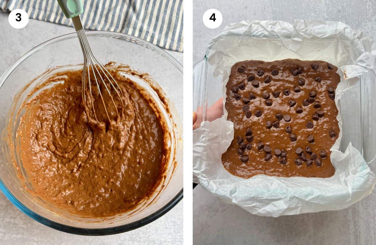 Step3: Mixed ingredients. Step4: Batter in pyrex tray with sprinkled chocolate chips on top.