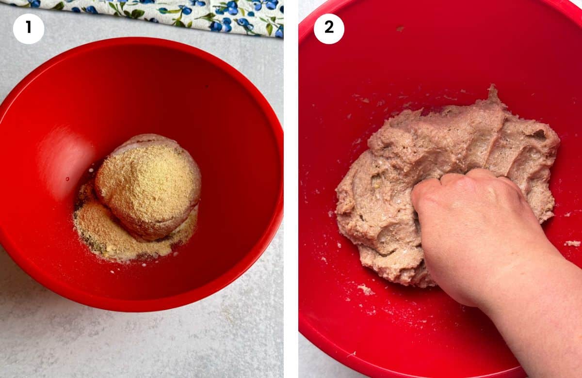 Step1: Ground meat and spices added to bowl. Step2: Mixing the meatball ingredients.