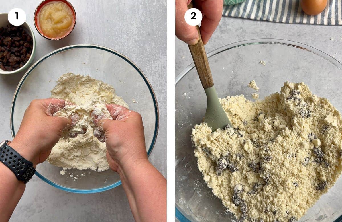 Step1: Rubbing flour and butter. Step2: Added raisins.