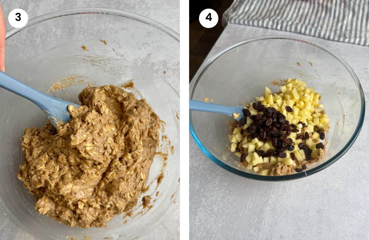 Step3: Mixed ingredients until it forms a sticky dough. Step4: Added diced apple and raisins.