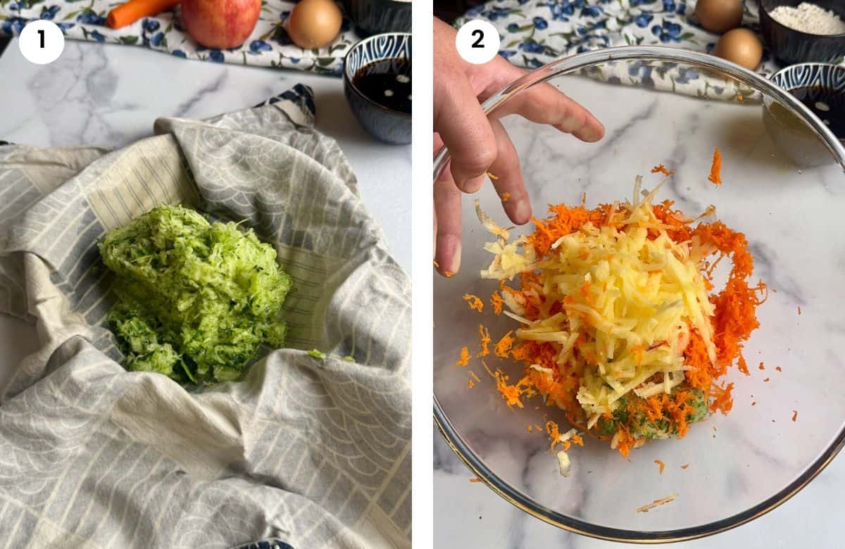 Step1: Grated zucchini. Step2: Added grated apple and carrot to bowl.