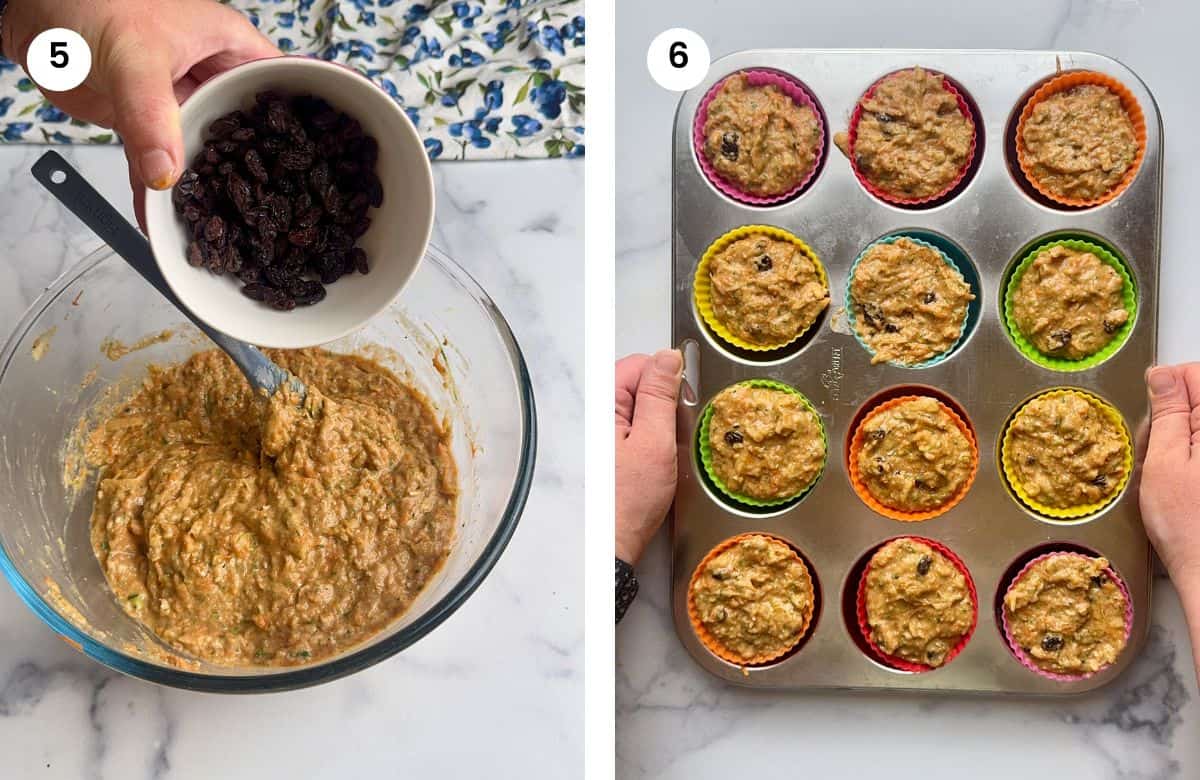 Step5: Adding raisins to batter. Step6: Muffins ready to go in the oven.