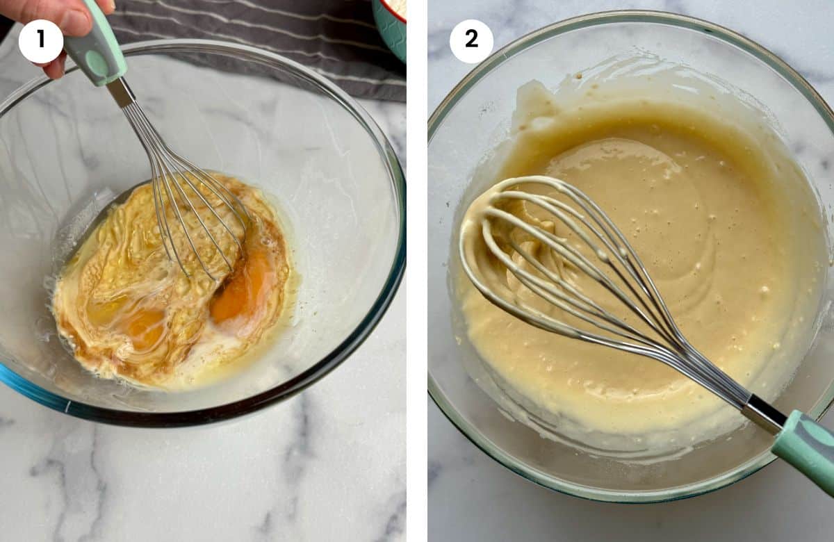 Step1: Mixing wet ingredients. Step2: Batter is ready.