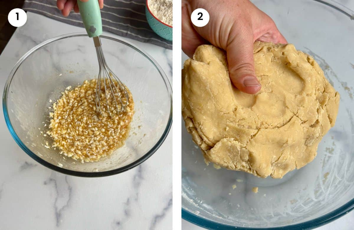Step1: Mixing softened butter, egg and maple syrup. Step2: Dough is ready.