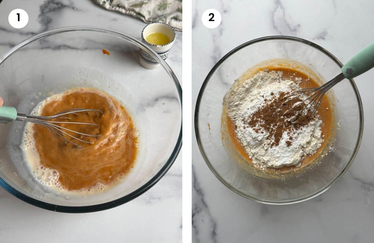 Step1: Mixing the wet ingredients. Step2: Added the flour and spices.