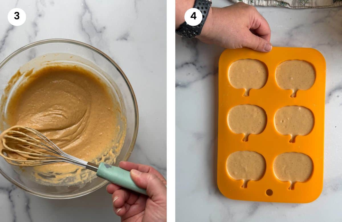 Step3: Batter for pancakes is ready. Step4: Batter in pumpkin-shaped baking mold.