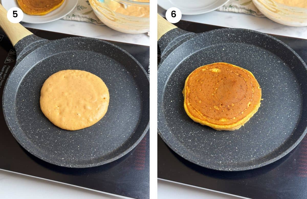Step5: Pancake on the pan bubbling. Step6: Pancake flipped.
