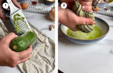 Step1: Grating zucchini.Step2: Squeezing the grated zucchini.
