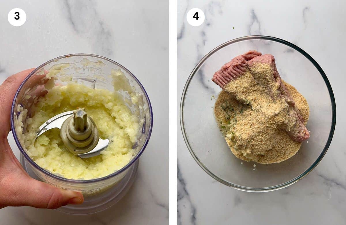 Step3: Blended onion with oil. Step4: Added breadcrumbs to bowl with ground turkey.