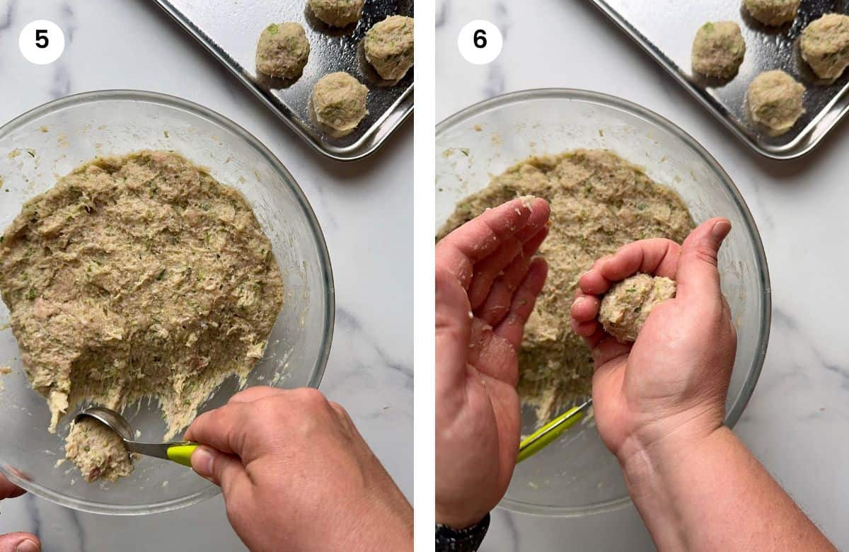 Step5: Taking a tablespoon of the mixed ingredients. Step6: Making the round meatball with the hands.