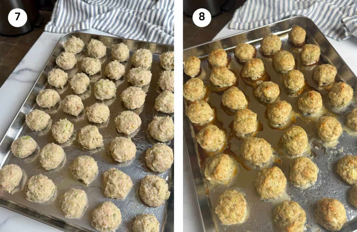 Step7: Turkey zucchini meatballs on a baking sheet. Step8: Meatballs when they come out of the oven.